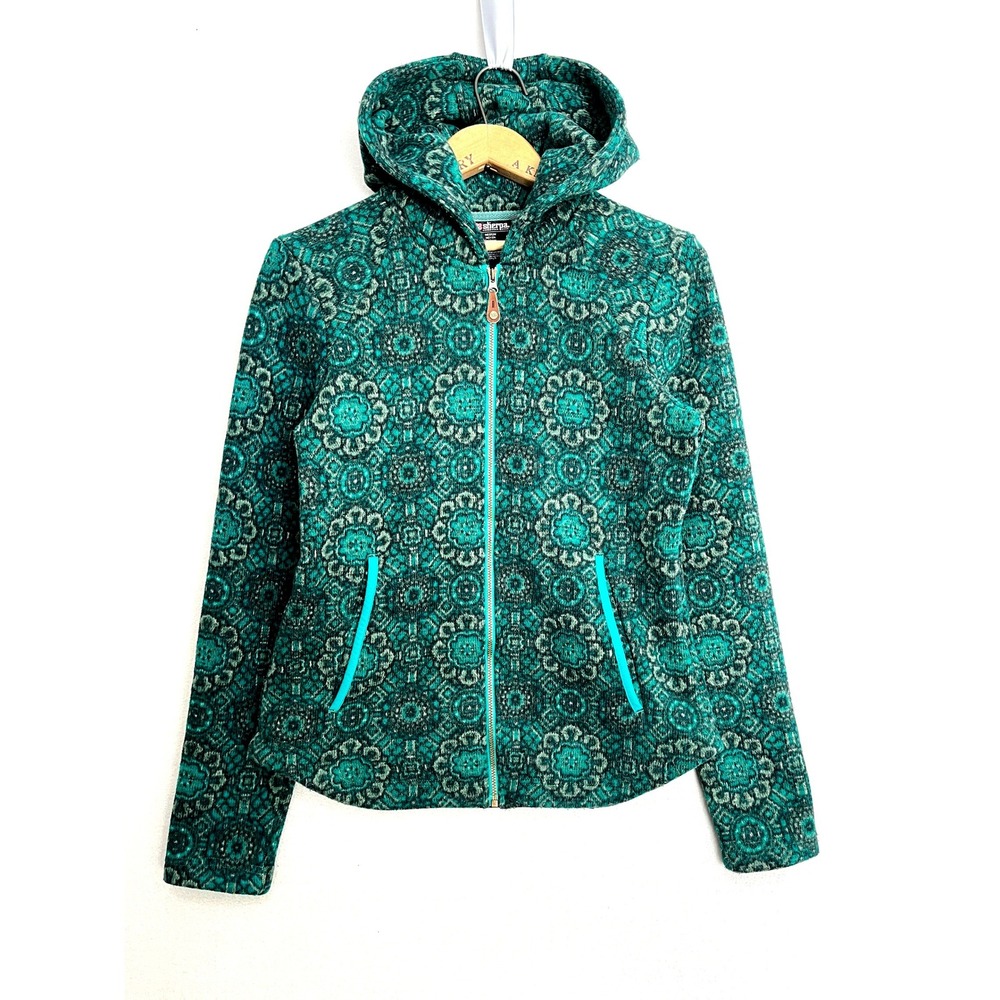 Sherpa Adventure Gear Womens Medium Teal Geometric Full Zip Hooded Fleece Jacket